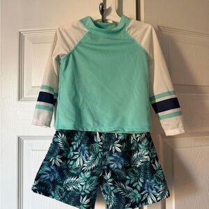 Little LAD Kids Mint & Navy Rash Set - Swim Shirt and Tropical Shorts